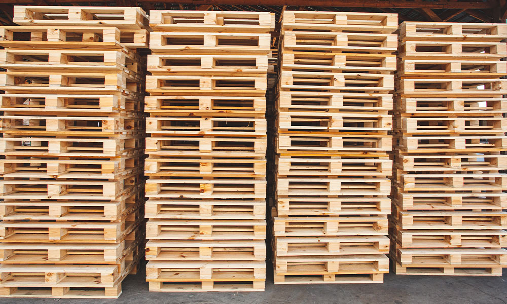 Pallets stacked in a warehouse